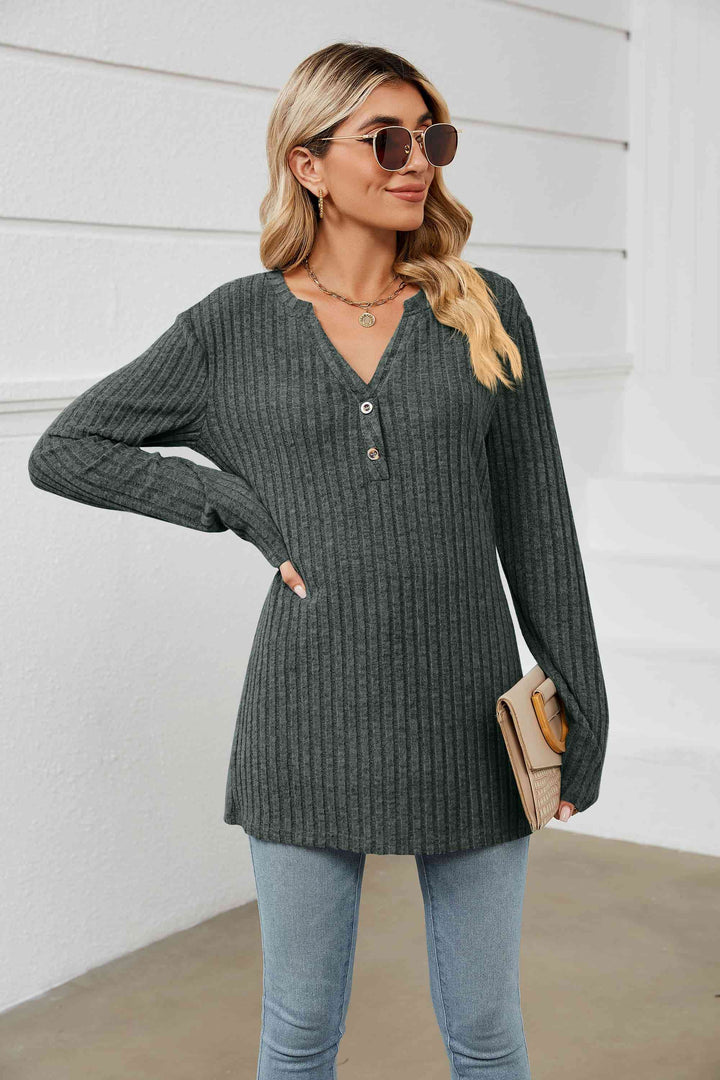 Notched Neck Ribbed Long Sleeve T-Shirt | 1mrk.com