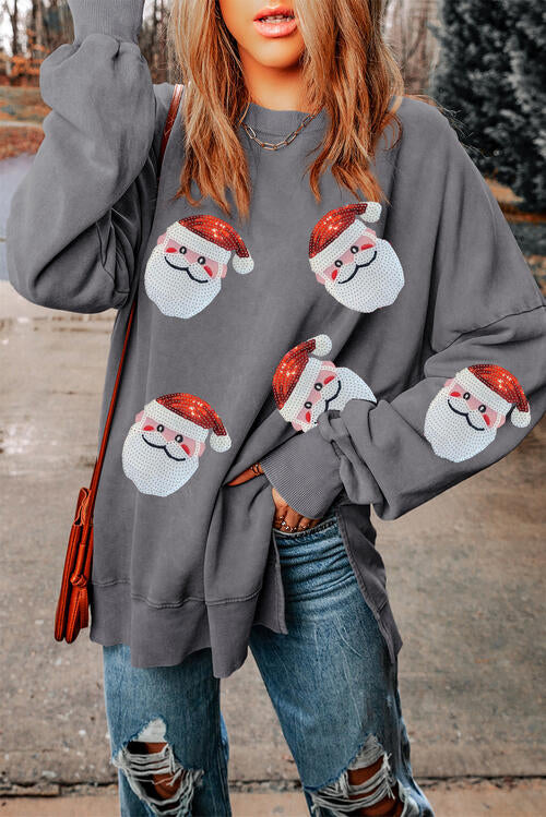 Sequin Santa Round Neck Slit Sweatshirt |1mrk.com