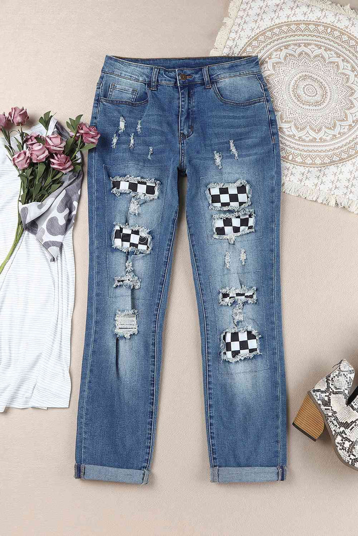 Baeful Checkered Patchwork Mid Waist Distressed Jeans | 1mrk.com