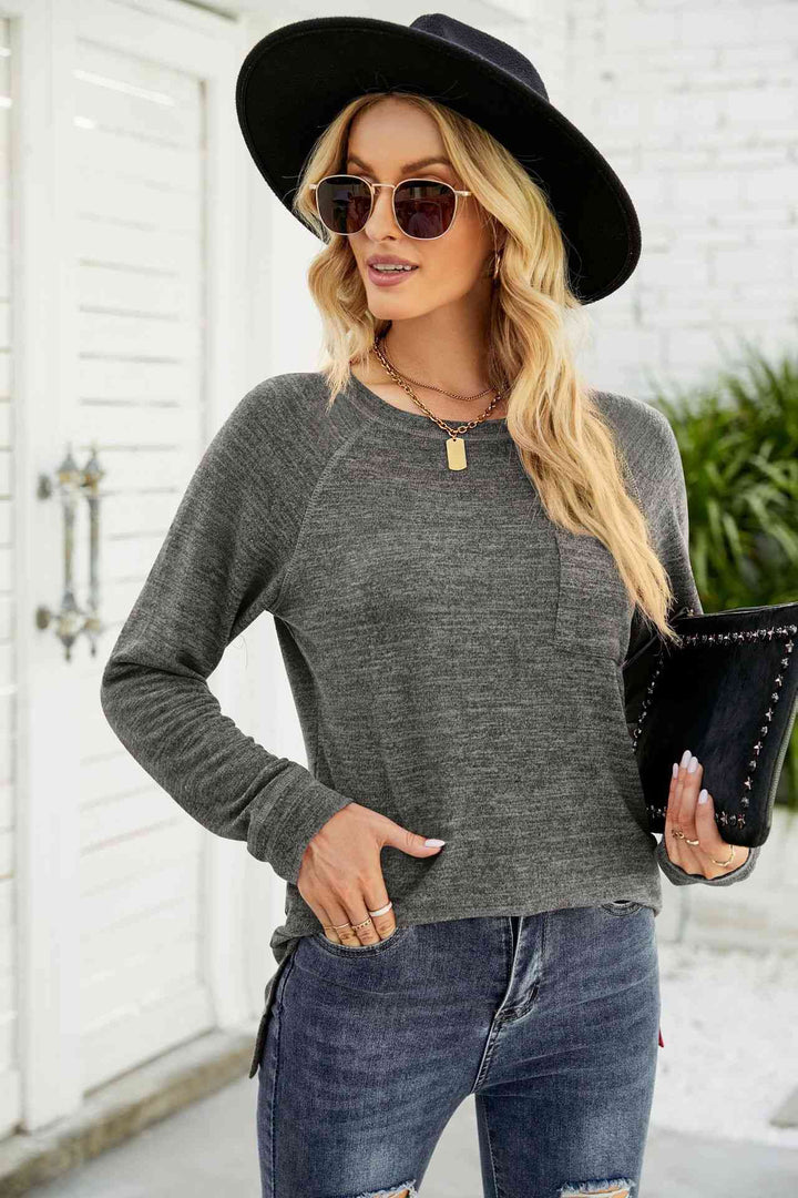 Heathered Slit Long Raglan Sleeve Top | 1mrk.com