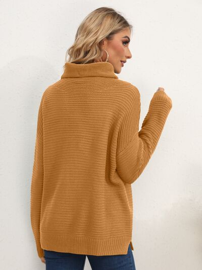 Slit Turtleneck Dropped Shoulder Sweater |1mrk.com