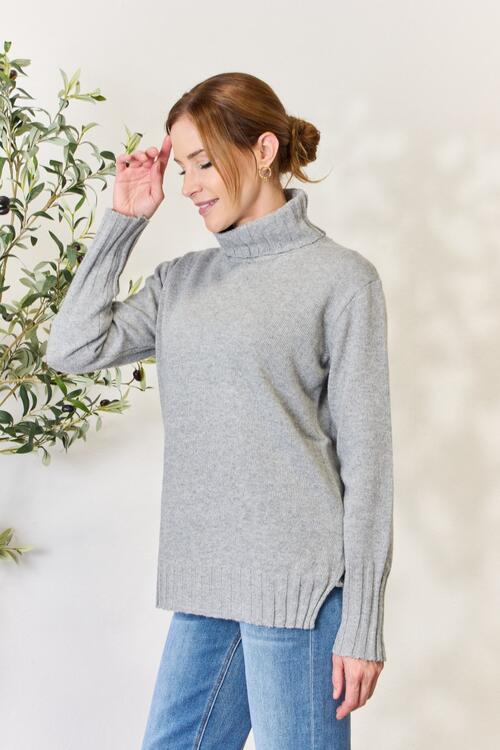 Heimish Full Size Turtleneck Long Sleeve Slit Sweater |1mrk.com