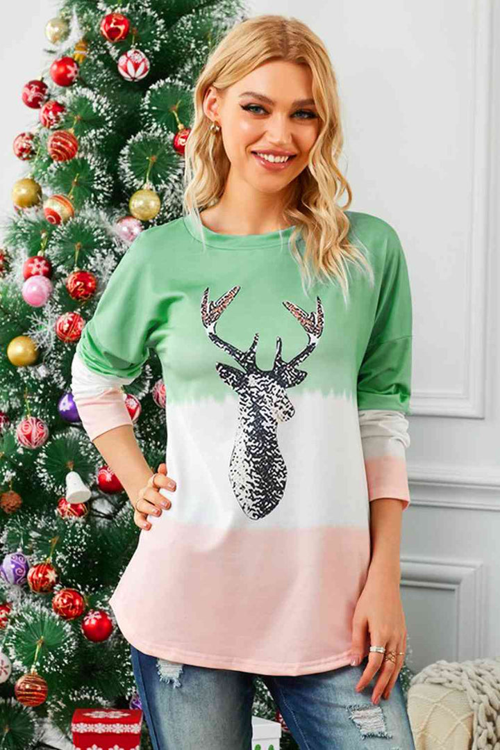 Reindeer Graphic Color Block Long Sleeve T-Shirt | 1mrk.com