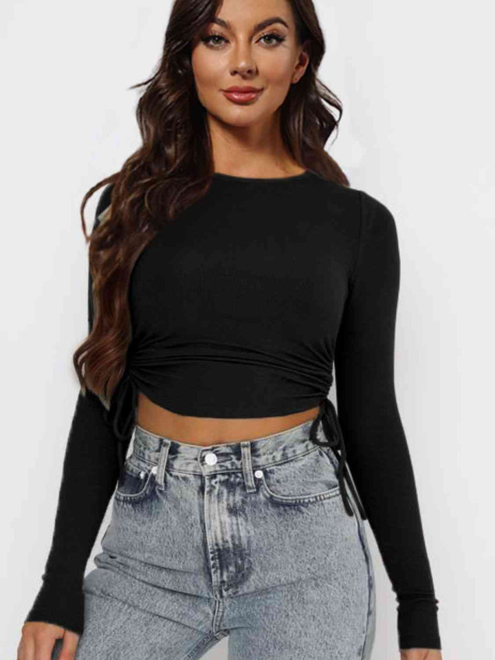 Drawstring Round Neck Long Sleeve Top | 1mrk.com