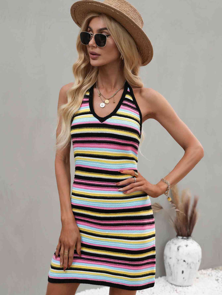 Striped Halter Neck Mini Sweater Dress |1mrk.com