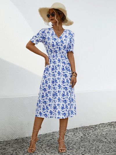 Slit Printed V-Neck Short Sleeve Dress |1mrk.com