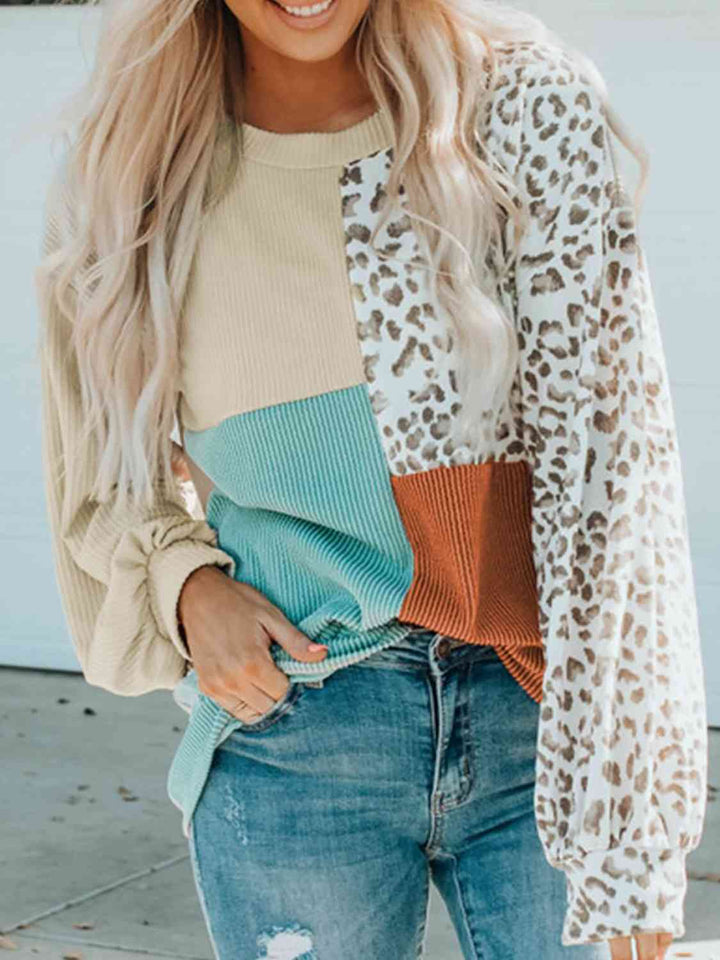 Color Block Leopard Round Neck Sweatshirt | 1mrk.com