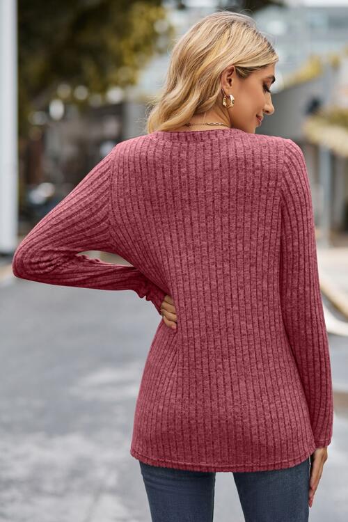 Ribbed Half Button Long Sleeve Knit Top | 1mrk.com