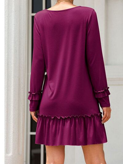 Frill V-Neck Long Sleeve Mini Dress |1mrk.com