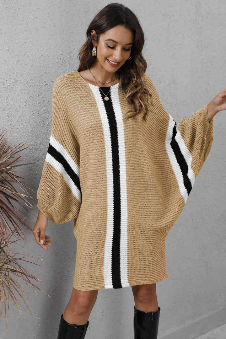 Ribbed Round Neck Long Sleeve Sweater Dress | 1mrk.com