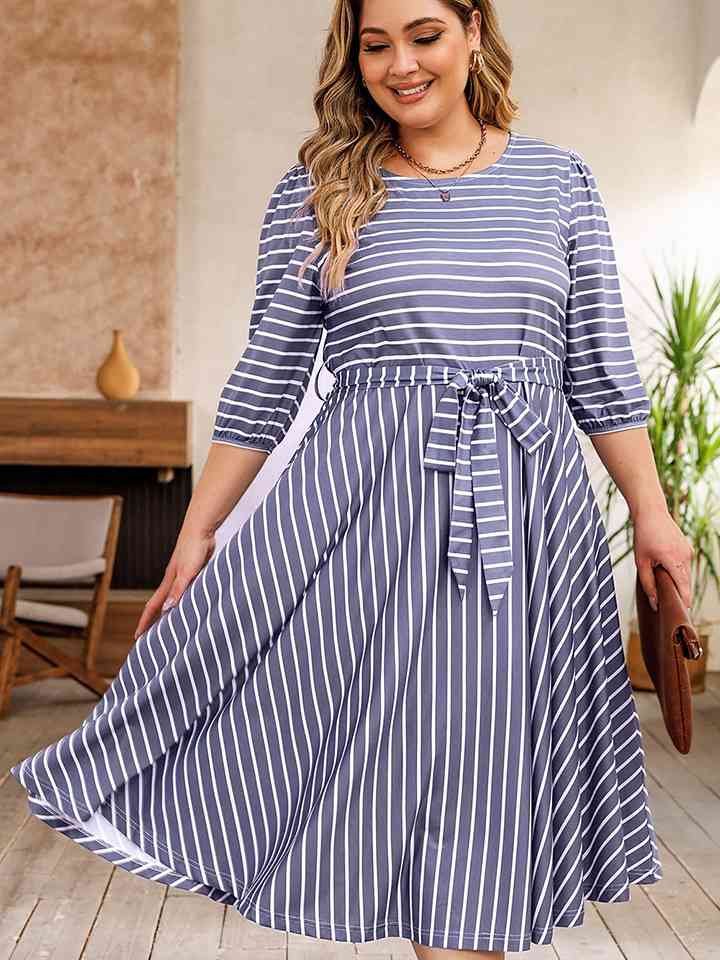 Plus Size Round Neck Striped Tie Waist Dress |1mrk.com