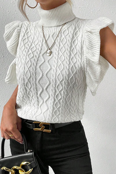 Cable-Knit Turtleneck Cap Sleeve Sweater | Trendsi