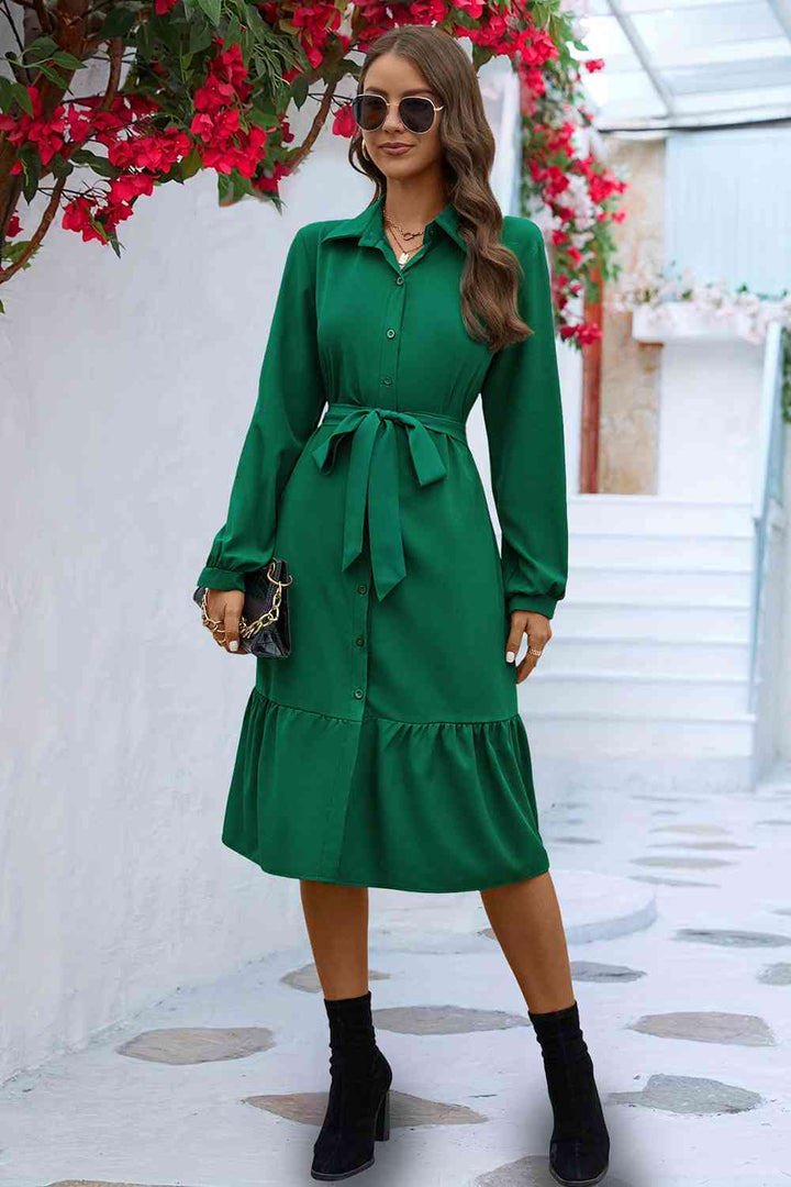 Long Sleeve Tie Waist Shirt Dress |1mrk.com