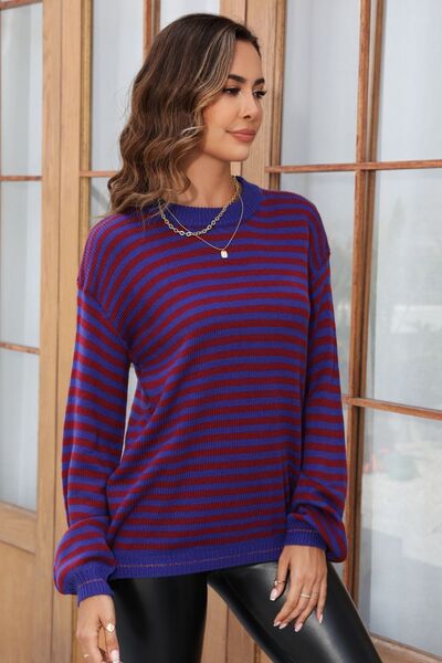 Striped Round Neck Dropped Shoulder Sweater |1mrk.com