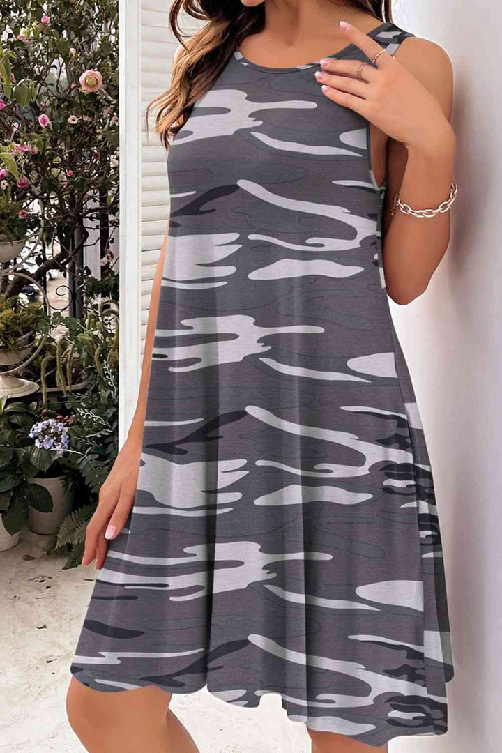 Printed Round Neck Sleeveless Dress |1mrk.com