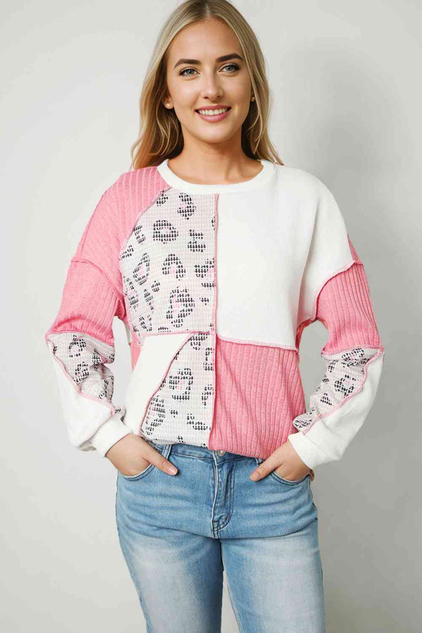 Leopard Color Block Exposed Seam Sweatshirt | 1mrk.com