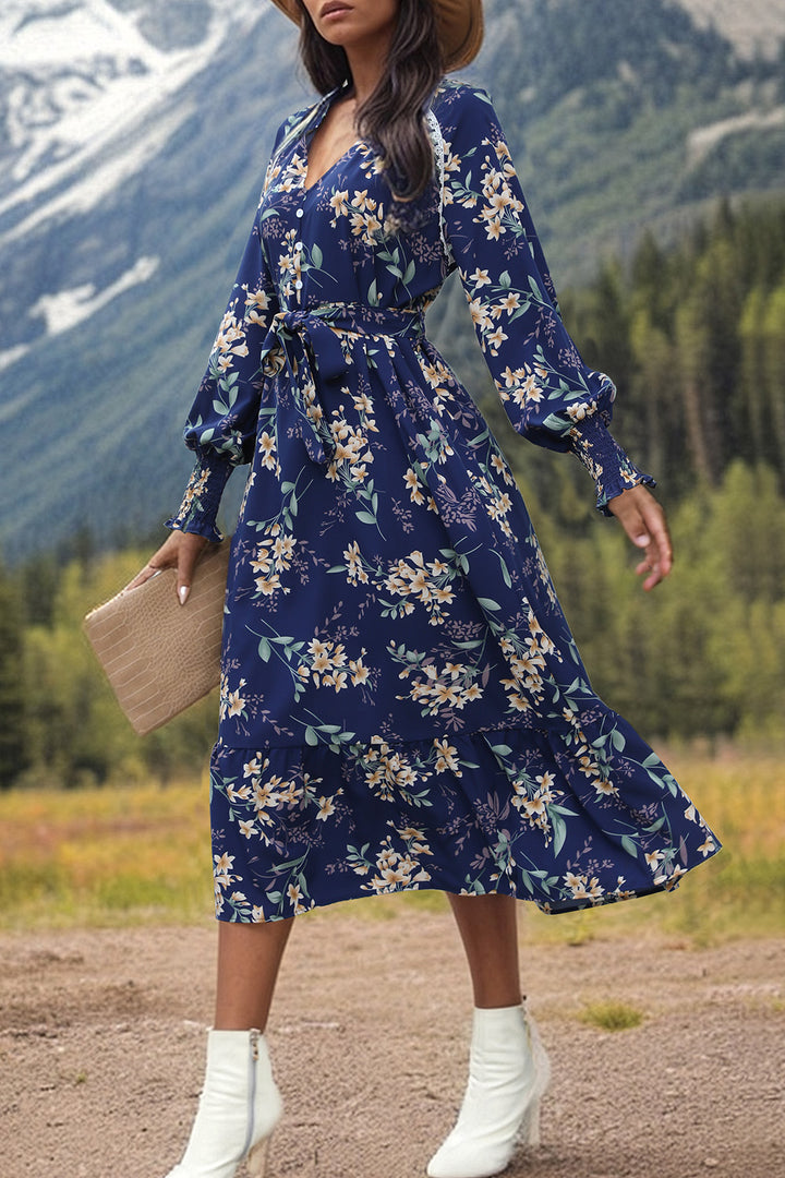 Printed Notched Lantern Sleeve Midi Dress | Trendsi