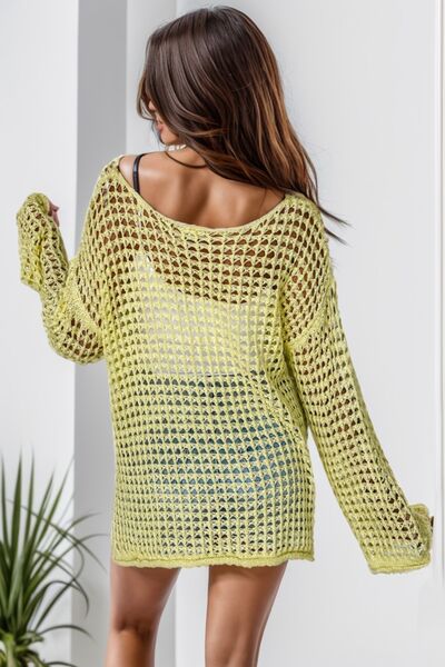 Openwork Round Neck Dropped Shoulder Knit Top |1mrk.com