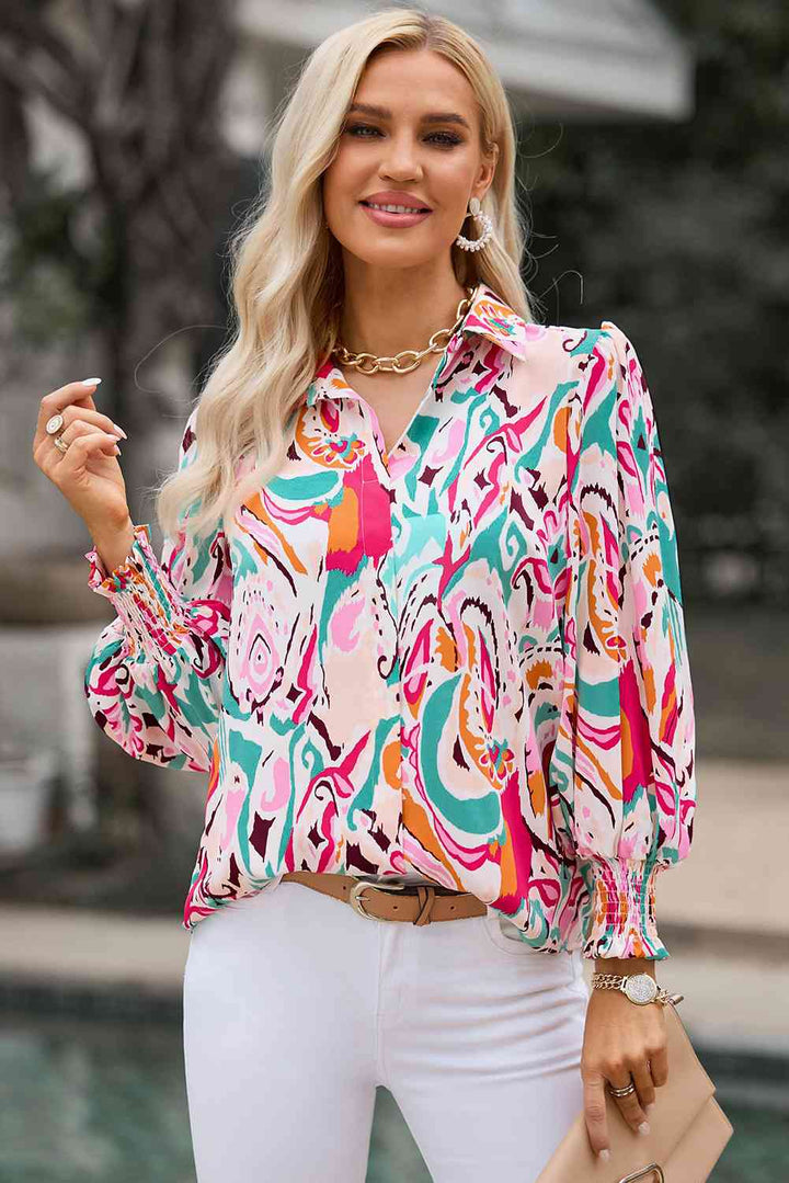 Printed Puff Sleeve Collared Blouse |1mrk.com