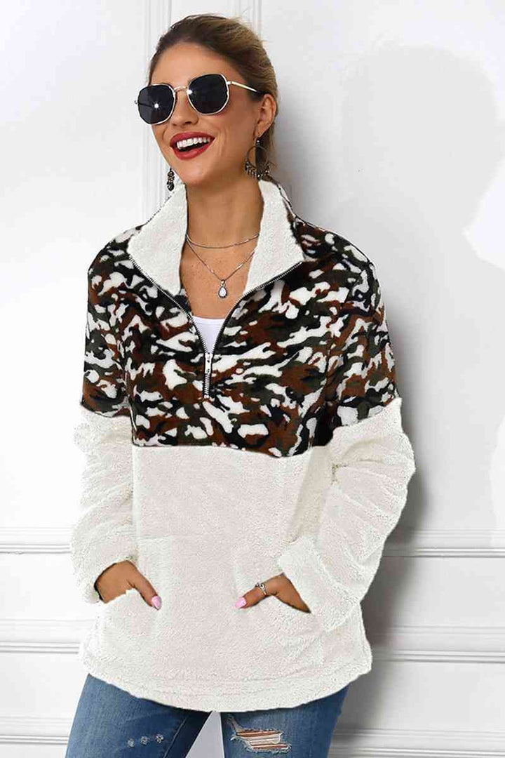 Camouflage Zip-Up Turtle Neck Dropped Shoulder Sweatshirt |1mrk.com