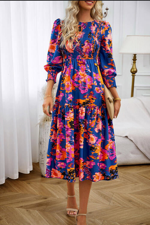 Printed Smocked Lantern Sleeve Ruffled Dress | 1mrk.com