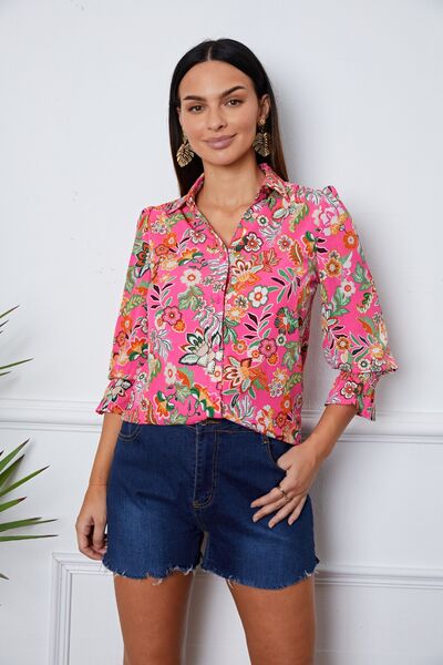 Floral Button Up Flounce Sleeve Shirt | 1mrk.com