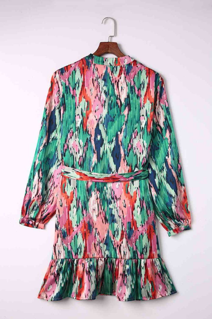 Abstract Print Belted Ruffle Hem Dress |1mrk.com