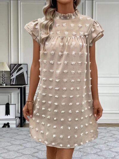 Swiss Dot Mock Neck Cap Sleeve Mini Dress |1mrk.com