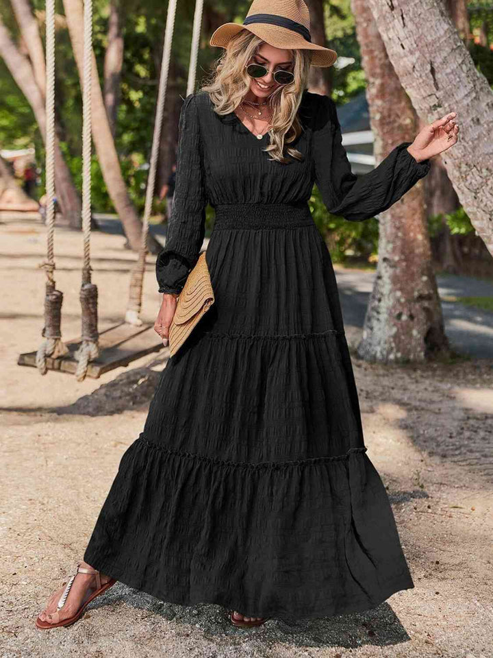 Smocked Waist V-Neck Maxi Dress |1mrk.com