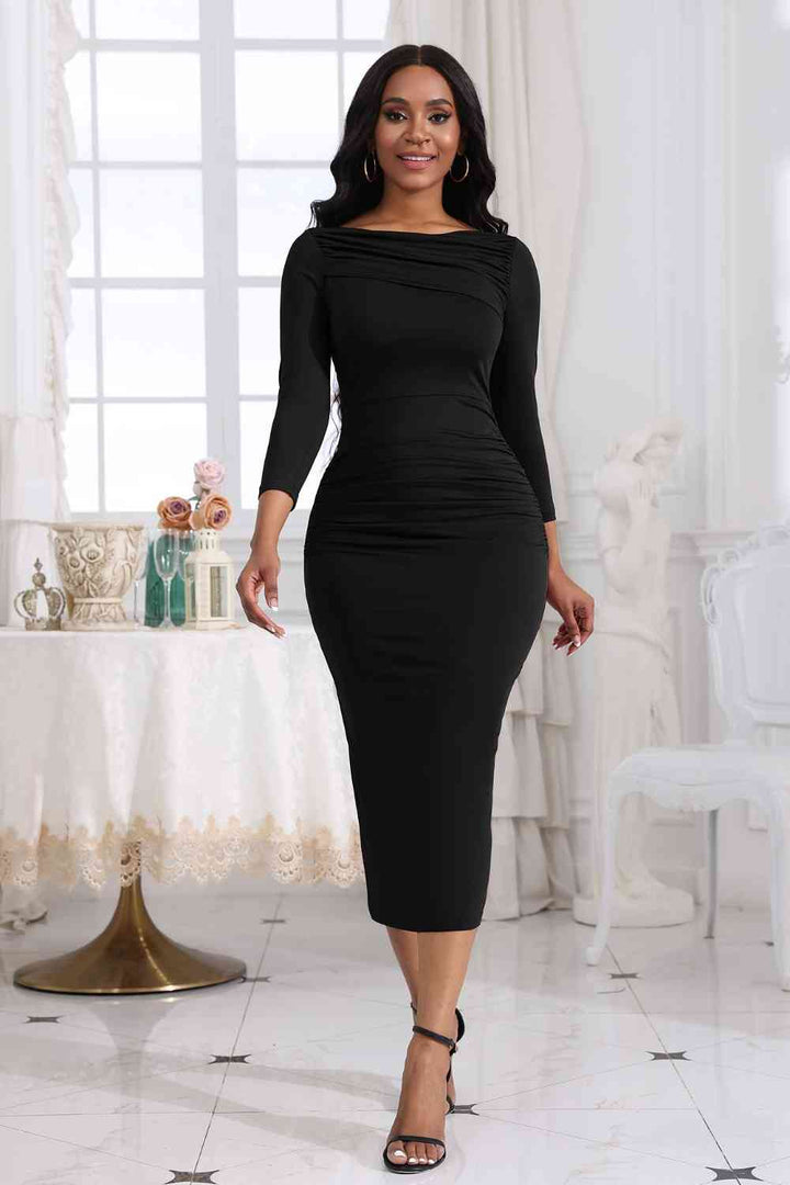 Ruched Boat Neck Midi Dress |1mrk.com