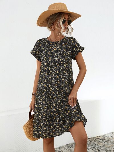 Frill Floral Round Neck Short Sleeve Tiered Dress |1mrk.com