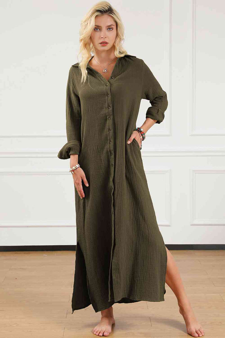 Texture Collared Neck Button Up Slit Shirt Dress |1mrk.com