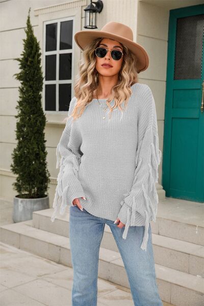 Fringe Round Neck Dropped Shoulder Sweater |1mrk.com