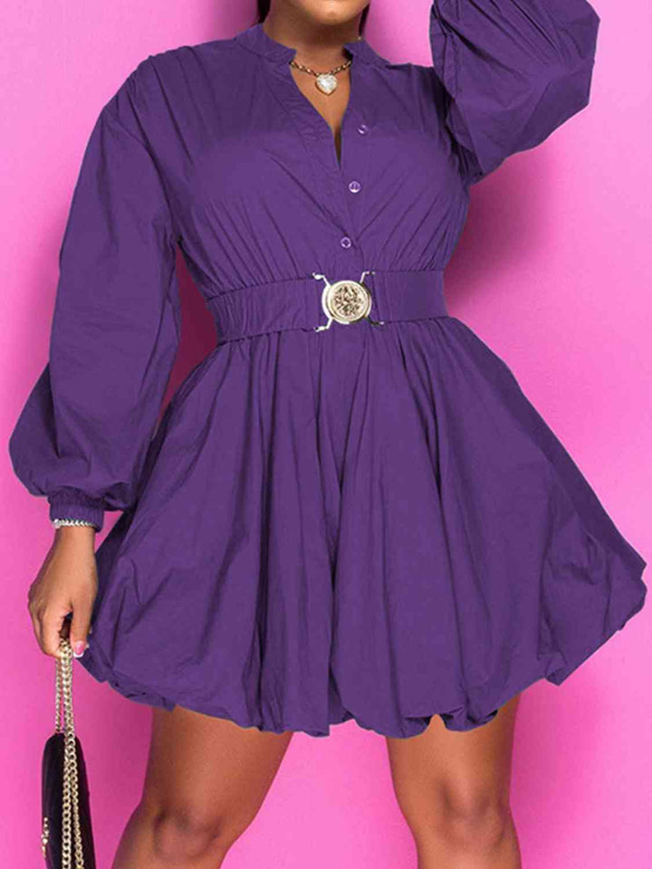 Notched Button Up Balloon Sleeves Dress | 1mrk.com