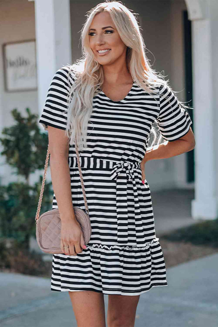 Striped Tie-Waist Frill Trim V-Neck Dress |1mrk.com