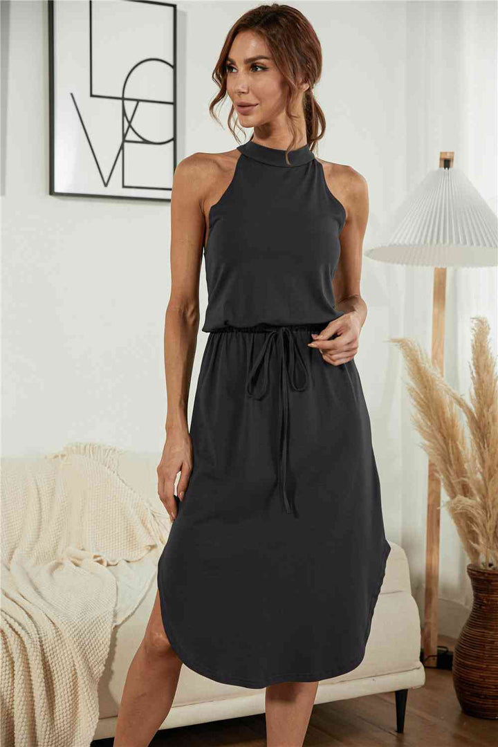 Drawstring Open Back Slit Sleeveless Dress |1mrk.com