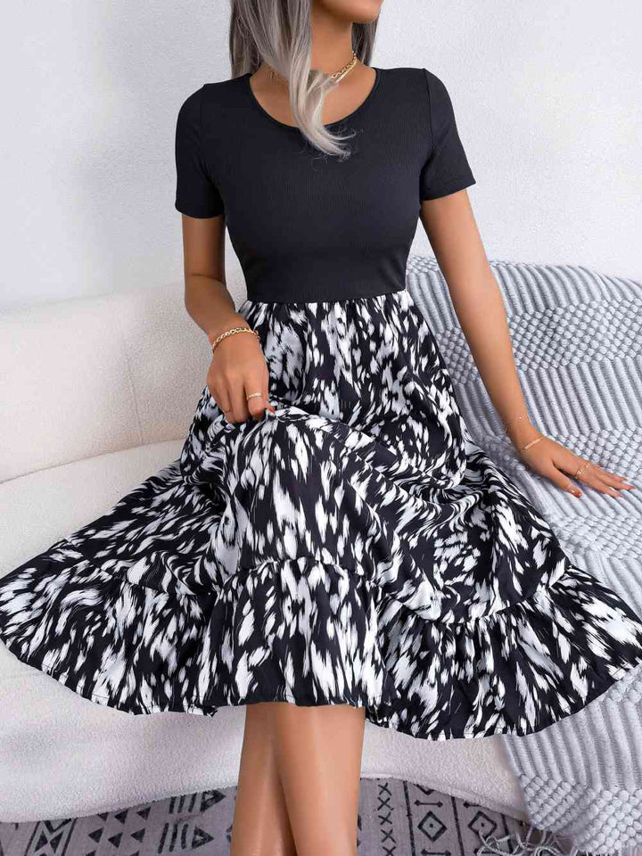 Printed Round Neck Ruffle Hem Dress |1mrk.com