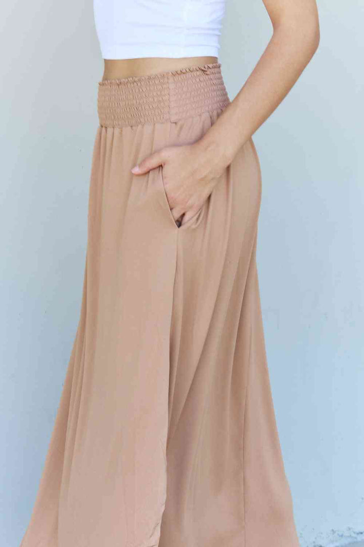 Doublju Comfort Princess Full Size High Waist Scoop Hem Maxi Skirt in Tan | 1mrk.com