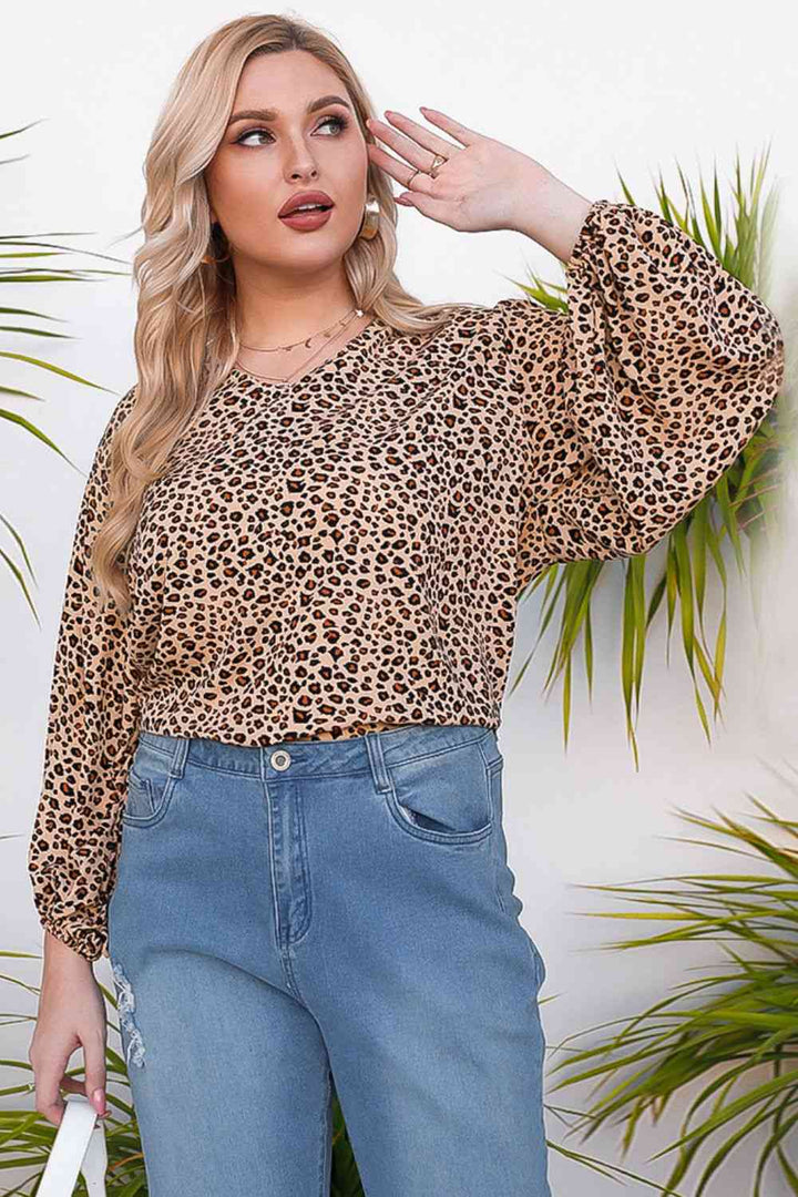 Plus Size Animal Print Balloon Sleeve V-Neck Blouse | 1mrk.com