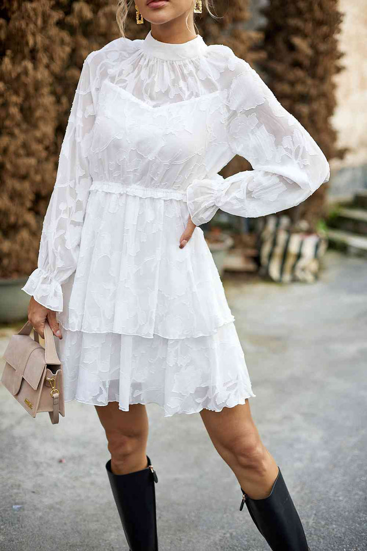 Mock Neck Flounce Sleeve Layered Dress |1mrk.com