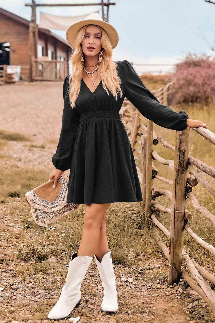 V-Neck Long Sleeve Smocked Waist Mini Dress |1mrk.com