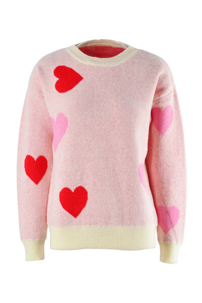 Heart Round Neck Droppped Shoulder Sweater |1mrk.com