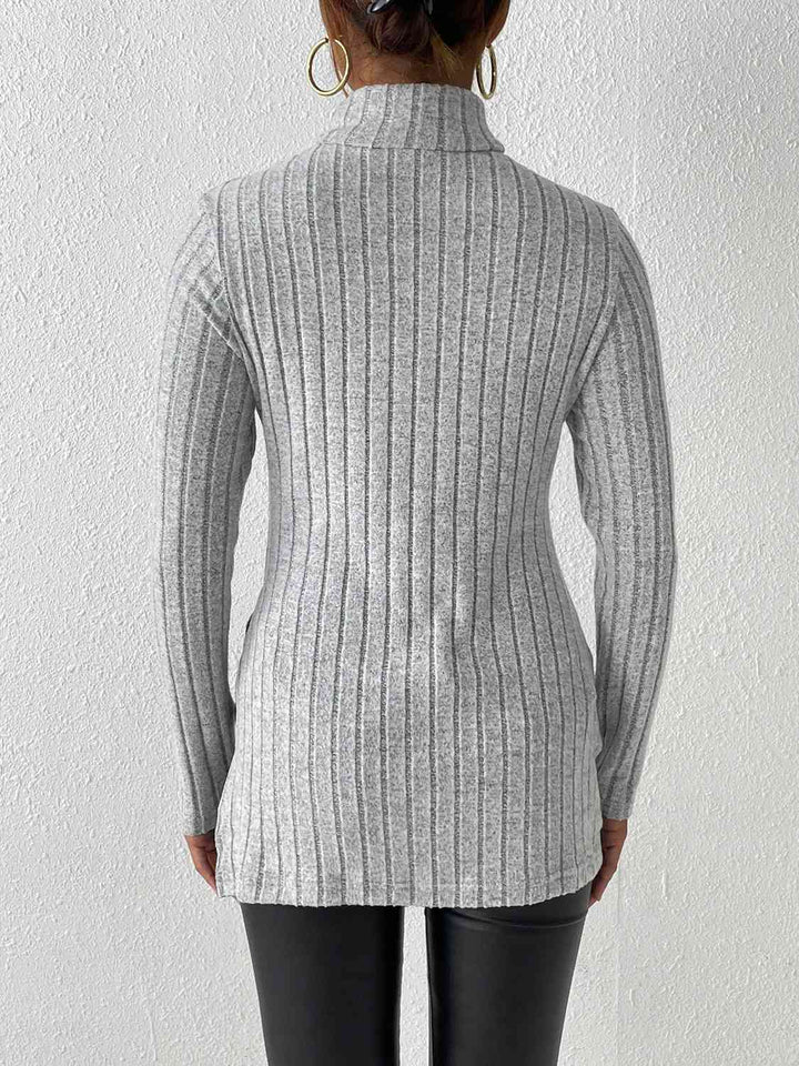 Ribbed Turtleneck Long Sleeve Slit T-Shirt | 1mrk.com