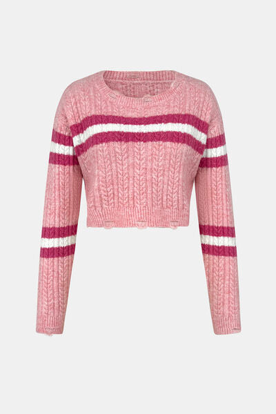 Cable-Knit Striped Dropped Shoulder Sweater |1mrk.com