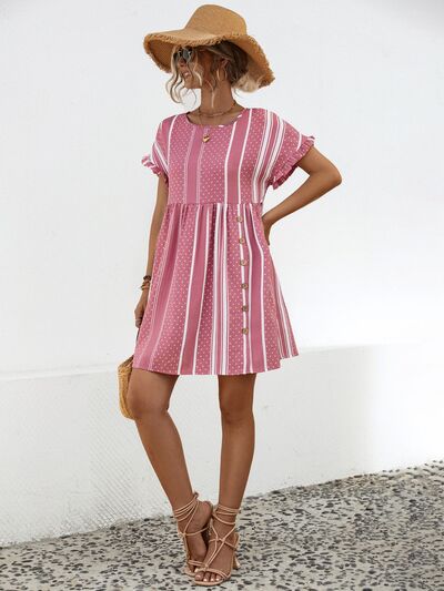 Striped Polka Dot Frill Short Sleeve Mini Dress |1mrk.com