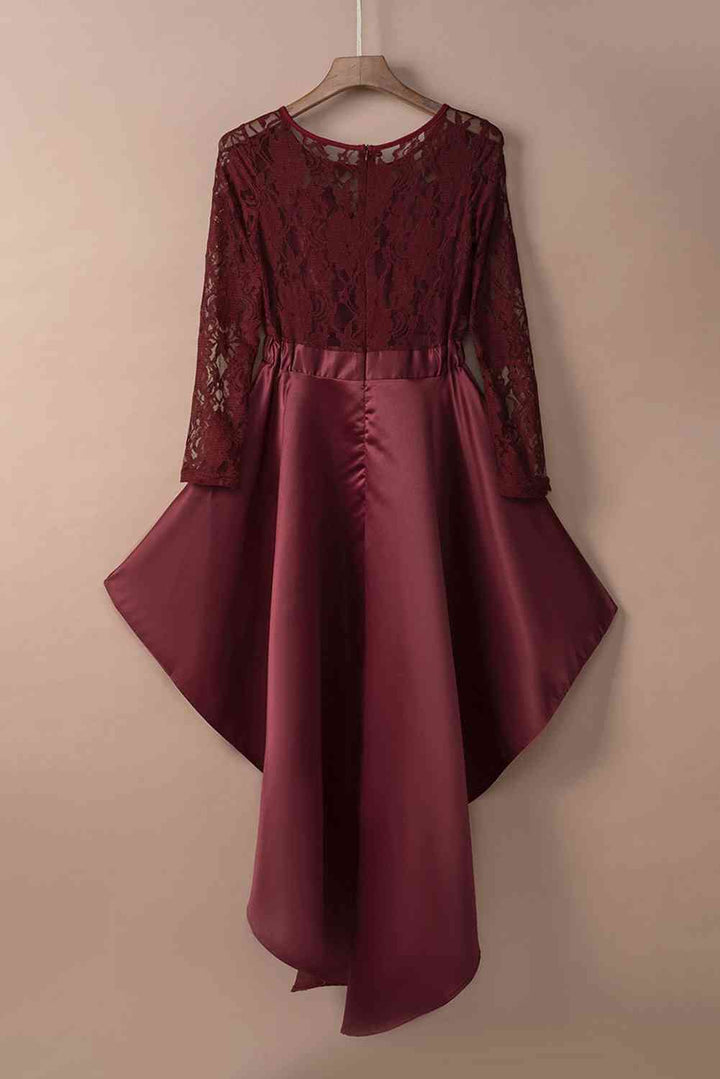 Spliced Lace High-Low Long Sleeve Dress |1mrk.com