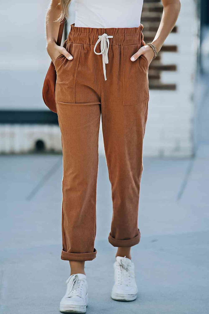 Drawstring Waist Corduroy Pants with Pockets | 1mrk.com