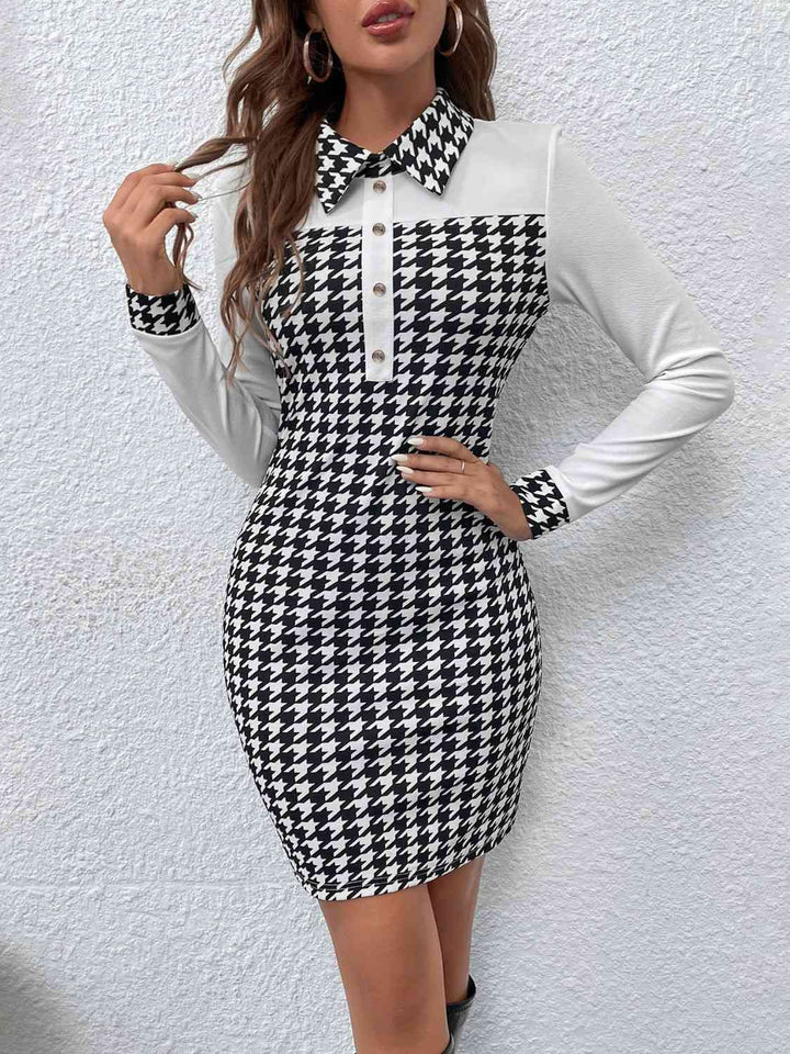 Houndstooth Collared Long Sleeve Dress |1mrk.com