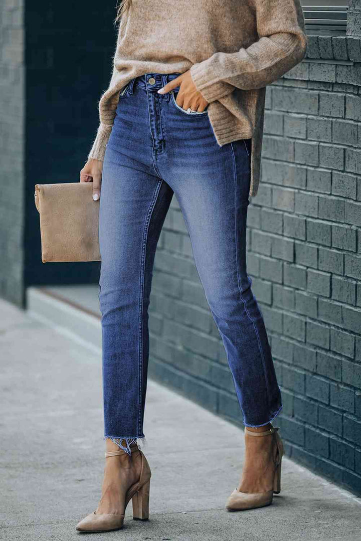 High Waist Raw Hem Skinny Jeans | 1mrk.com