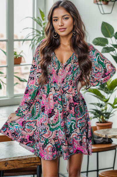 Printed V-Neck Long Sleeve Mini Dress |1mrk.com